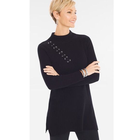 Chico’s Zenergy Sweater Tunic Size 1 (8) Medium Black Directional Lace Up - Picture 1 of 16